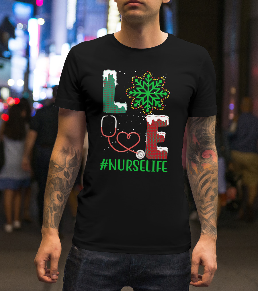Love Christmas Snowflake Stethoscope #NURSELIFE T-Shirt