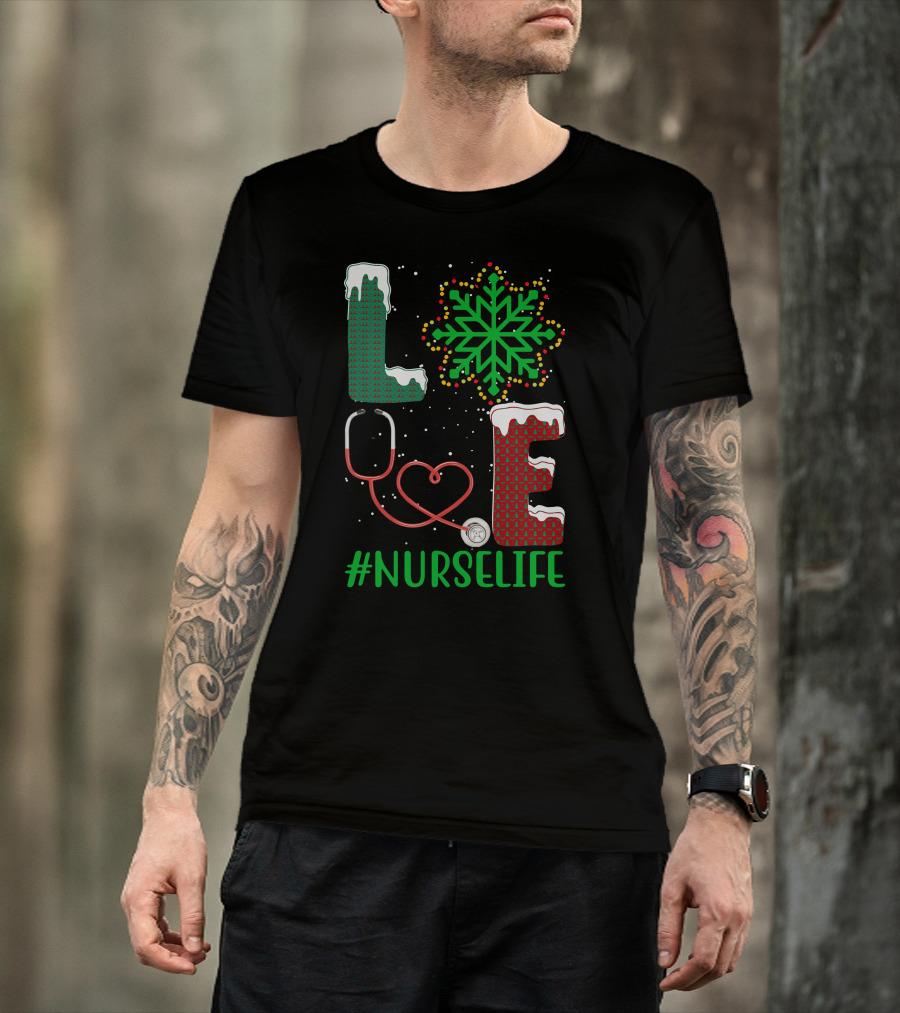 Love Christmas Snowflake Stethoscope #NURSELIFE T-Shirt