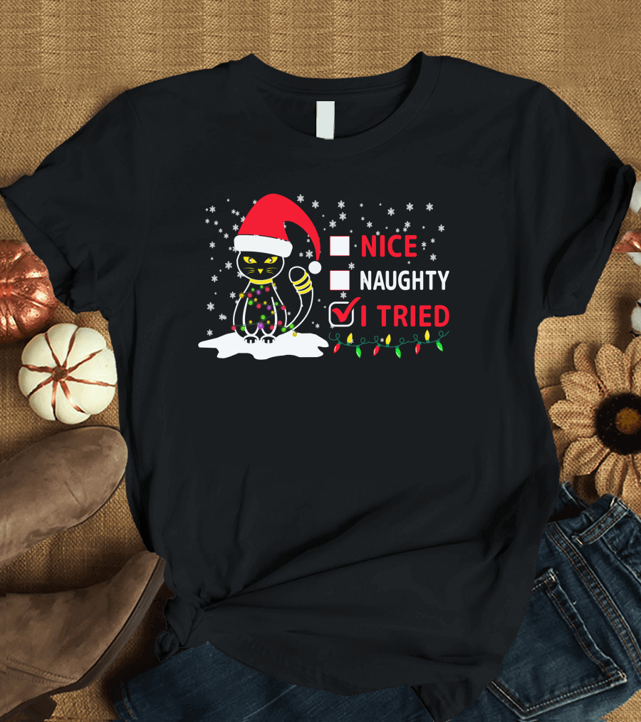 Nice Naughty Tried Christmas Cat Santa Hat Festive Lights T-Shirt