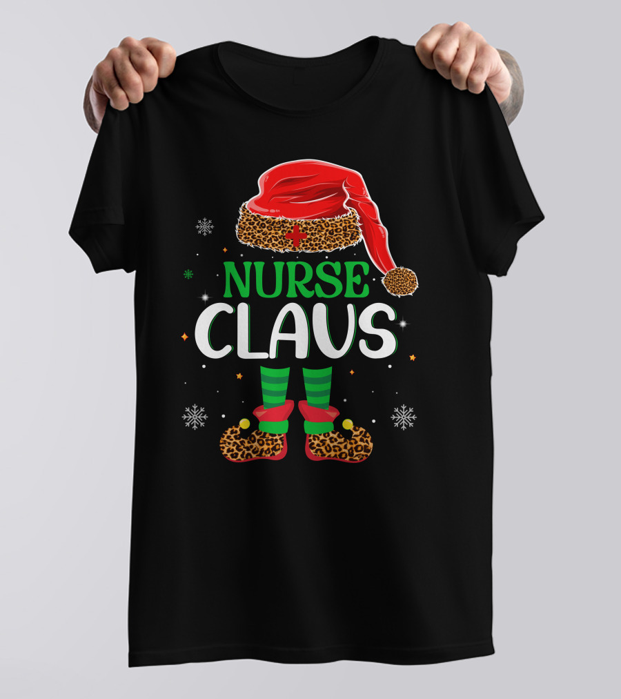 Nurse Claus Christmas Santa Hat Leopard Print Snowflakes T-Shirt