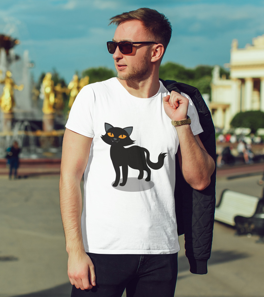 Cartoon Black Cat Illustration With Orange Eyes And Shadow T-Shirt