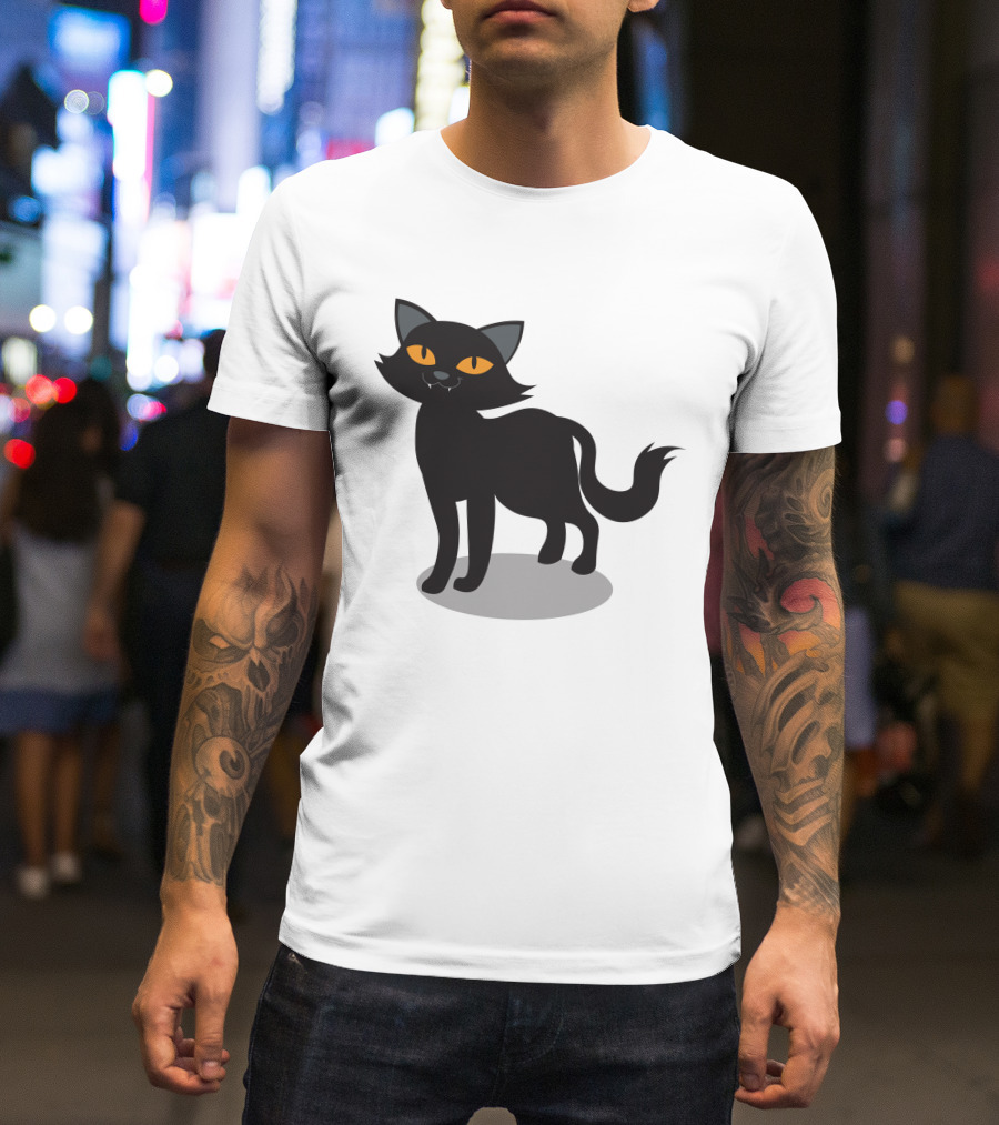 Cartoon Black Cat Illustration With Orange Eyes And Shadow T-Shirt