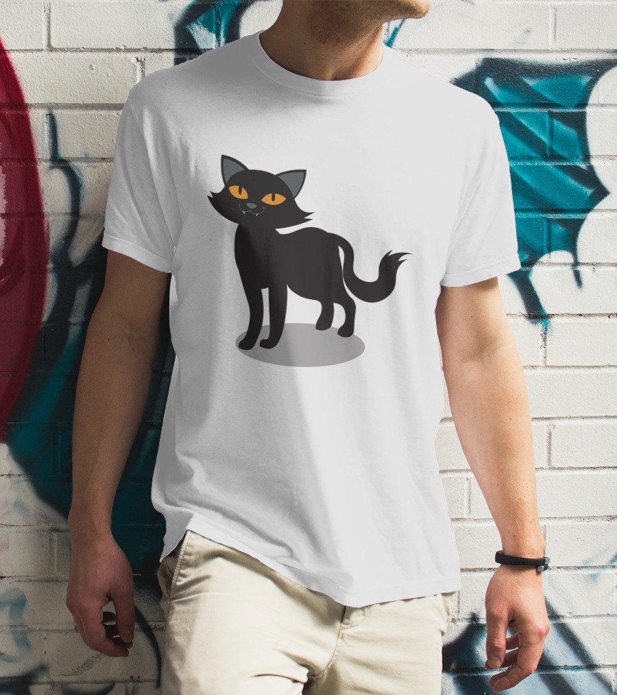 Cartoon Black Cat Illustration With Orange Eyes And Shadow T-Shirt