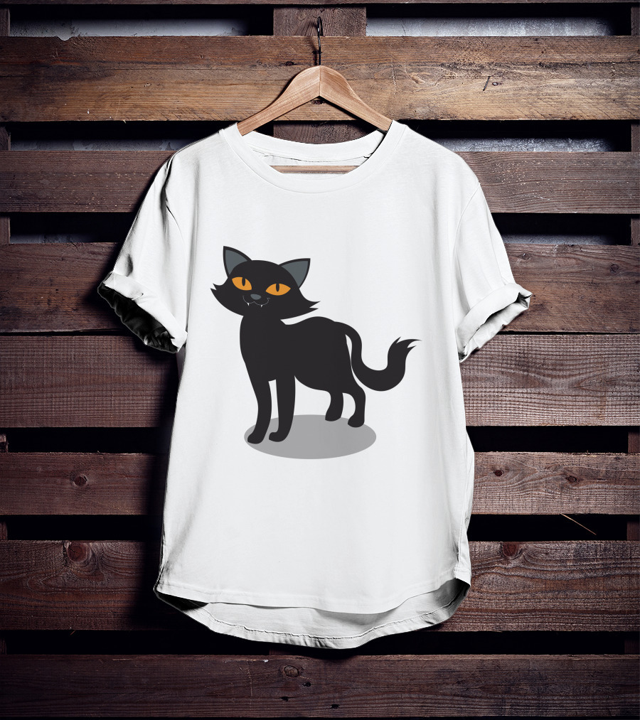 Cartoon Black Cat Illustration With Orange Eyes And Shadow T-Shirt