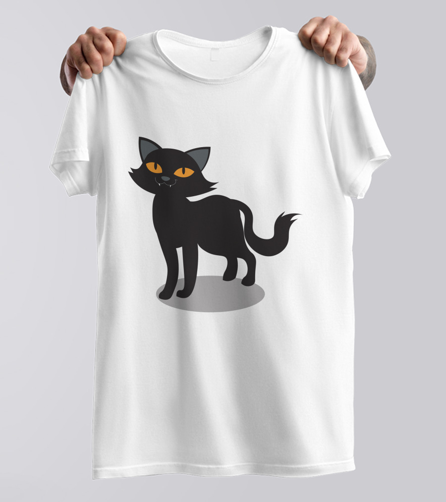 Cartoon Black Cat Illustration With Orange Eyes And Shadow T-Shirt