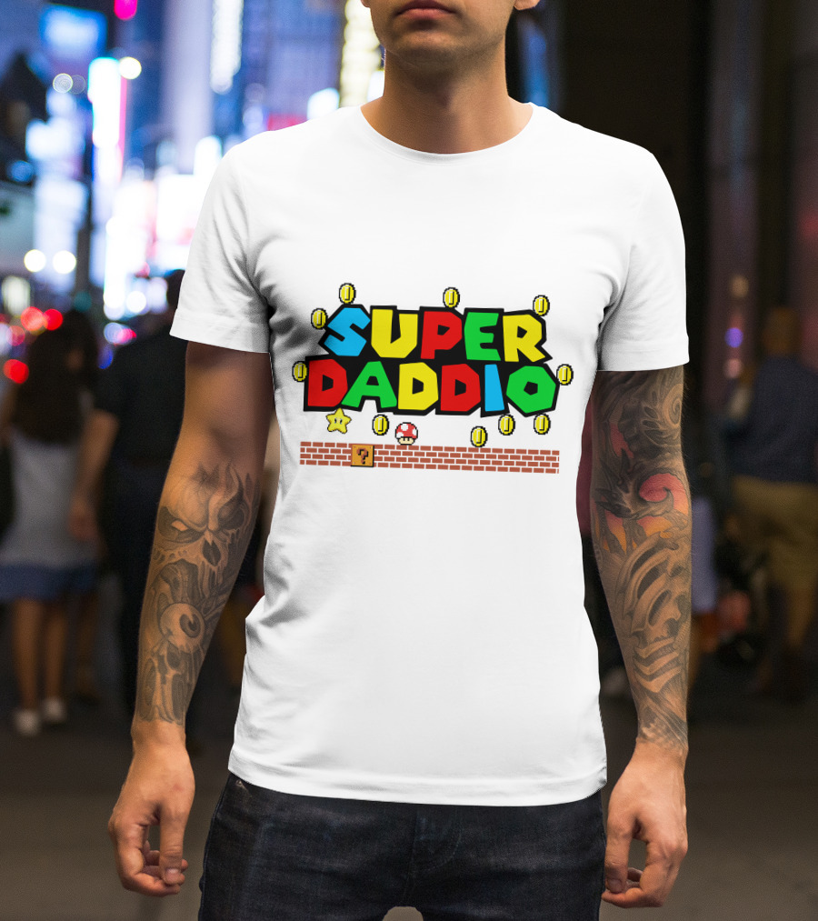 Fathers Day Super Daddio Nintendo Mario Parody Coins Bricks Star T-Shirt