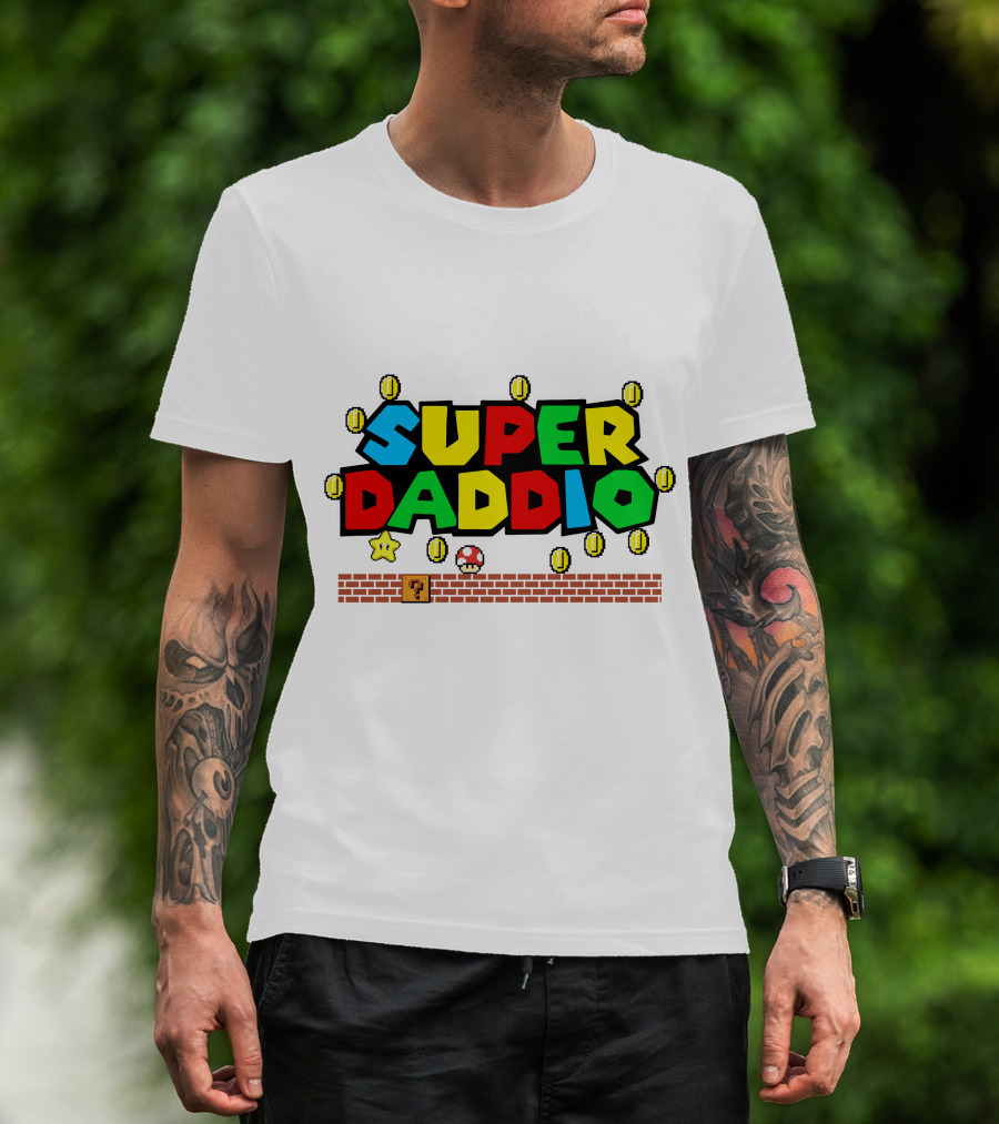 Fathers Day Super Daddio Nintendo Mario Parody Coins Bricks Star T-Shirt