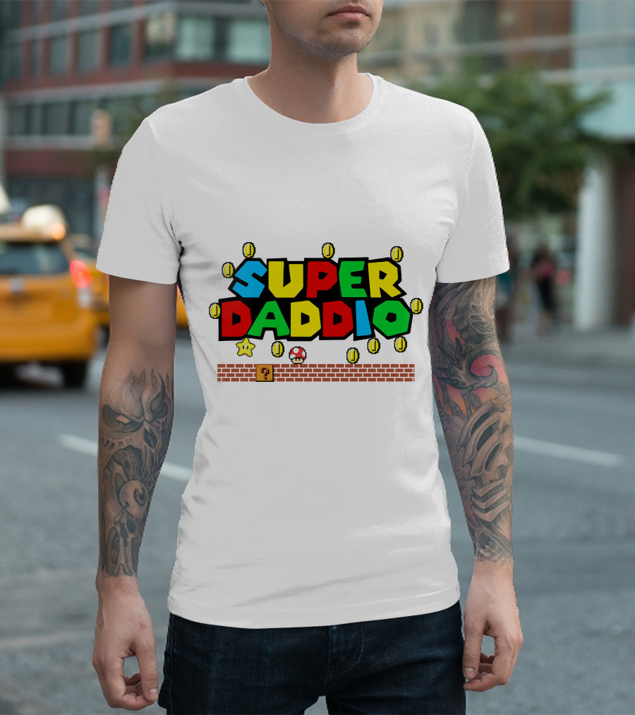 Fathers Day Super Daddio Nintendo Mario Parody Coins Bricks Star T-Shirt
