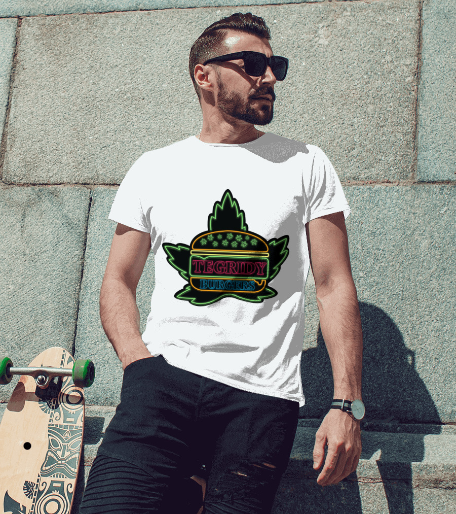 Tegridy Burgers Neon Sign With Leaf And Burger Outline T-Shirt