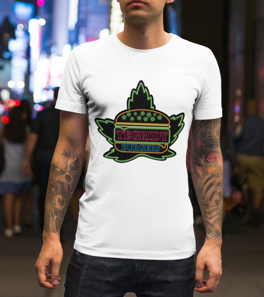 Tegridy Burgers Neon Sign With Leaf And Burger Outline T-Shirt