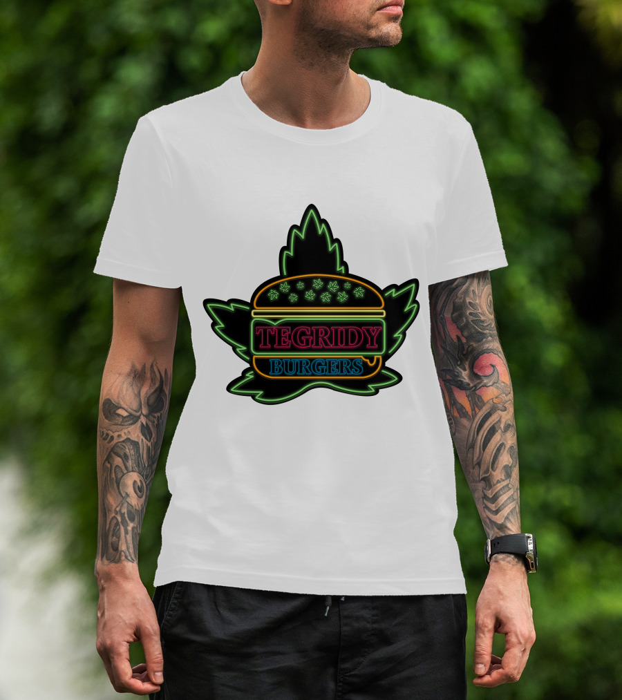 Tegridy Burgers Neon Sign With Leaf And Burger Outline T-Shirt