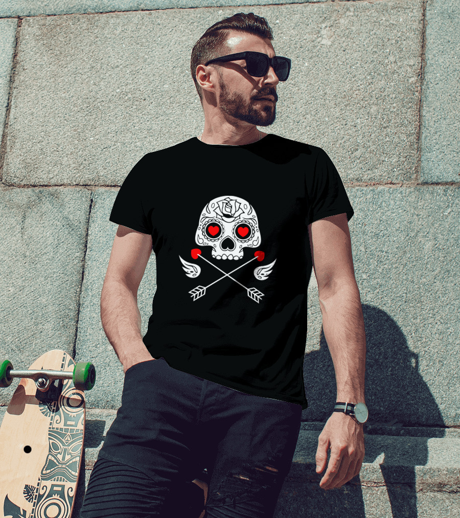 Cupido Valentines Day Sugar Skull With Hearts And Arrows T-Shirt