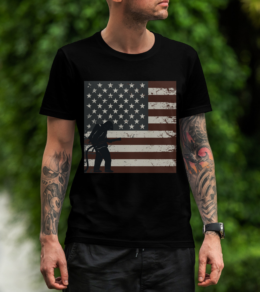 Fireman Silhouette Distressed American Flag T-Shirt