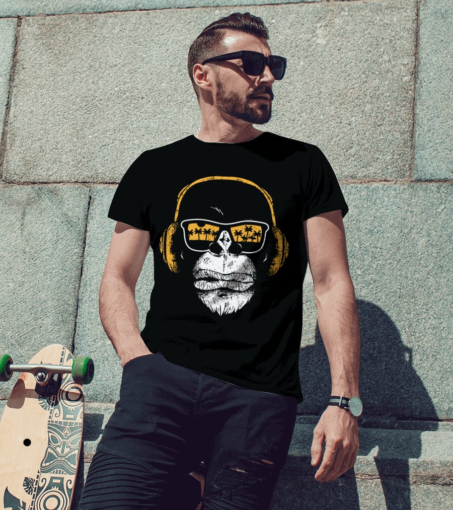 Monkey With DJ Headphones Sunglasses Palm Trees T-Shirt