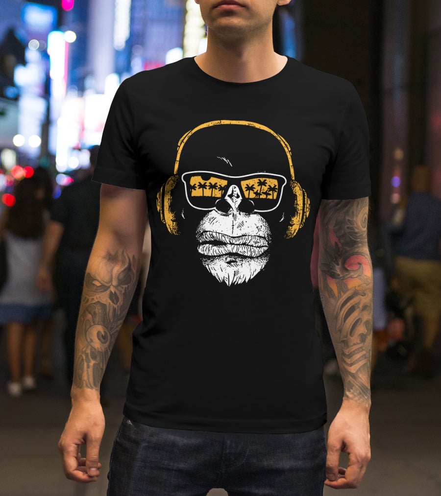 Monkey With DJ Headphones Sunglasses Palm Trees T-Shirt