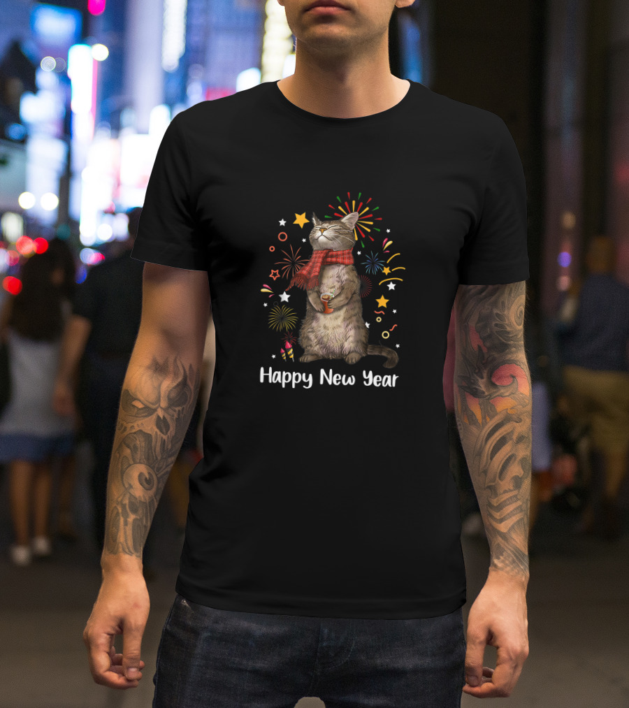 Happy New Year Cat With Fireworks And Stars T-Shirt