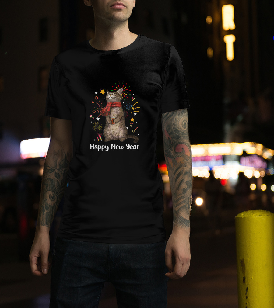 Happy New Year Cat With Fireworks And Stars T-Shirt