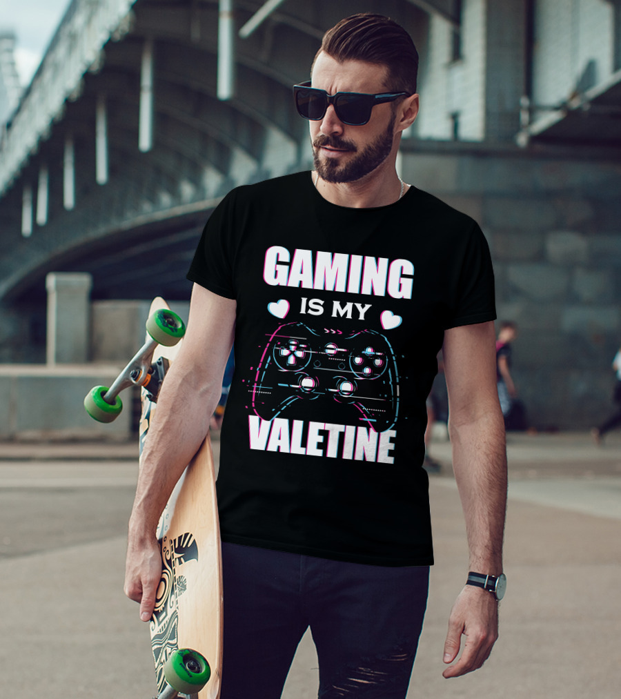 Gaming Is My Valentine Controller Hearts Glitch Effect T-Shirt