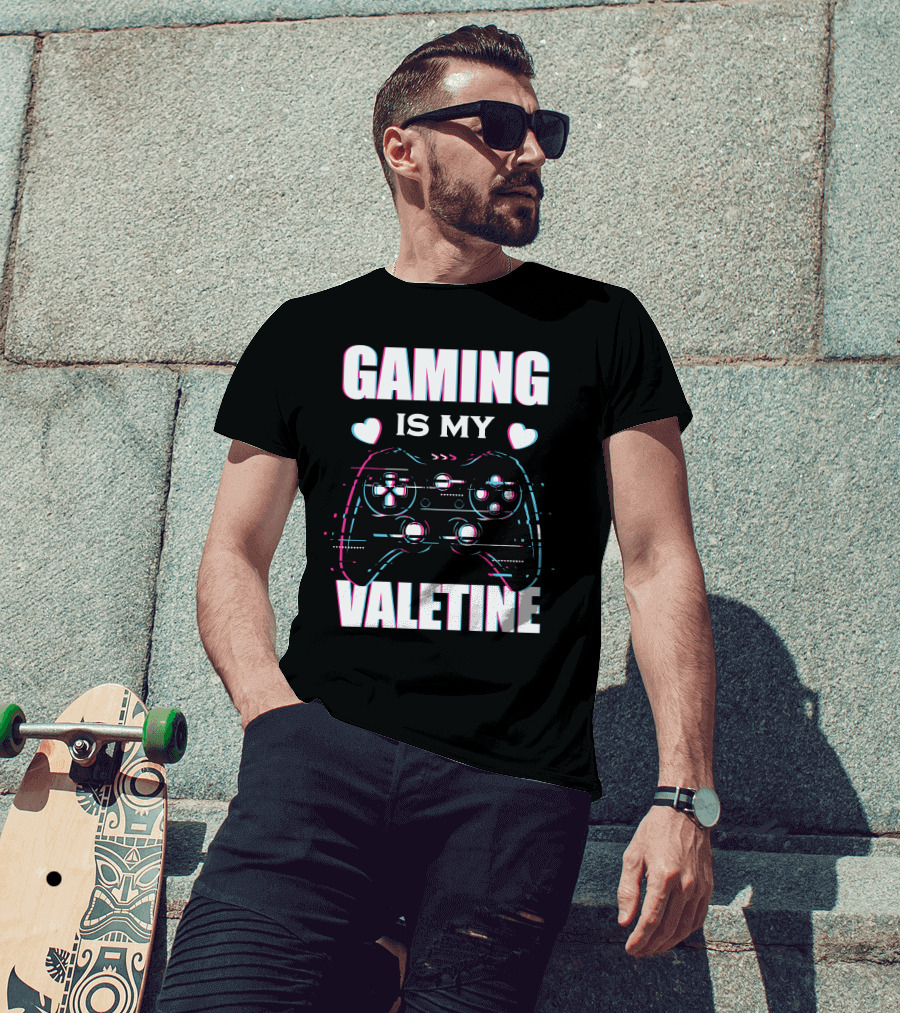 Gaming Is My Valentine Controller Hearts Glitch Effect T-Shirt