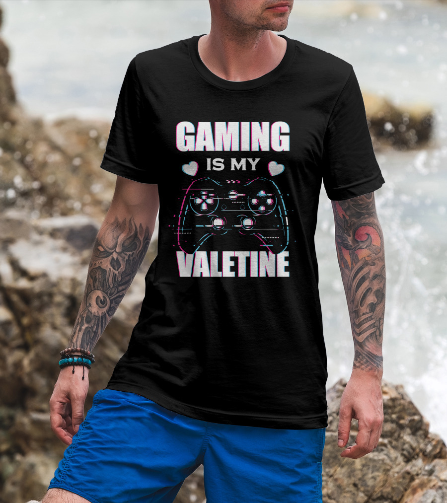 Gaming Is My Valentine Controller Hearts Glitch Effect T-Shirt