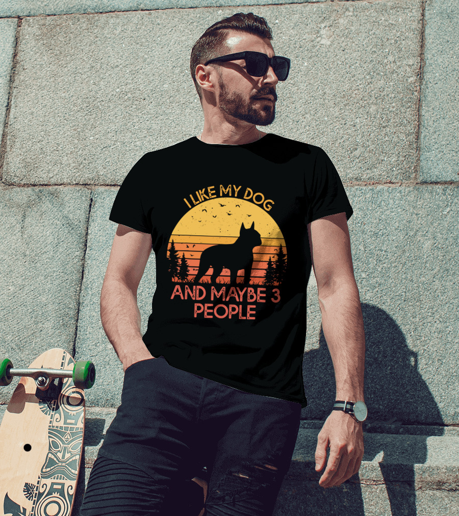 I Like My Dog And Maybe 3 People Sunset Silhouette With Trees And Birds T-Shirt
