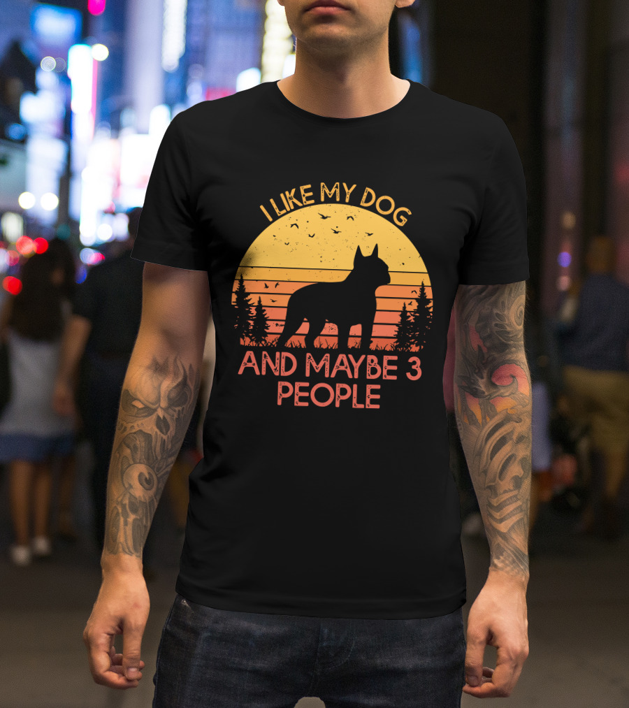 I Like My Dog And Maybe 3 People Sunset Silhouette With Trees And Birds T-Shirt