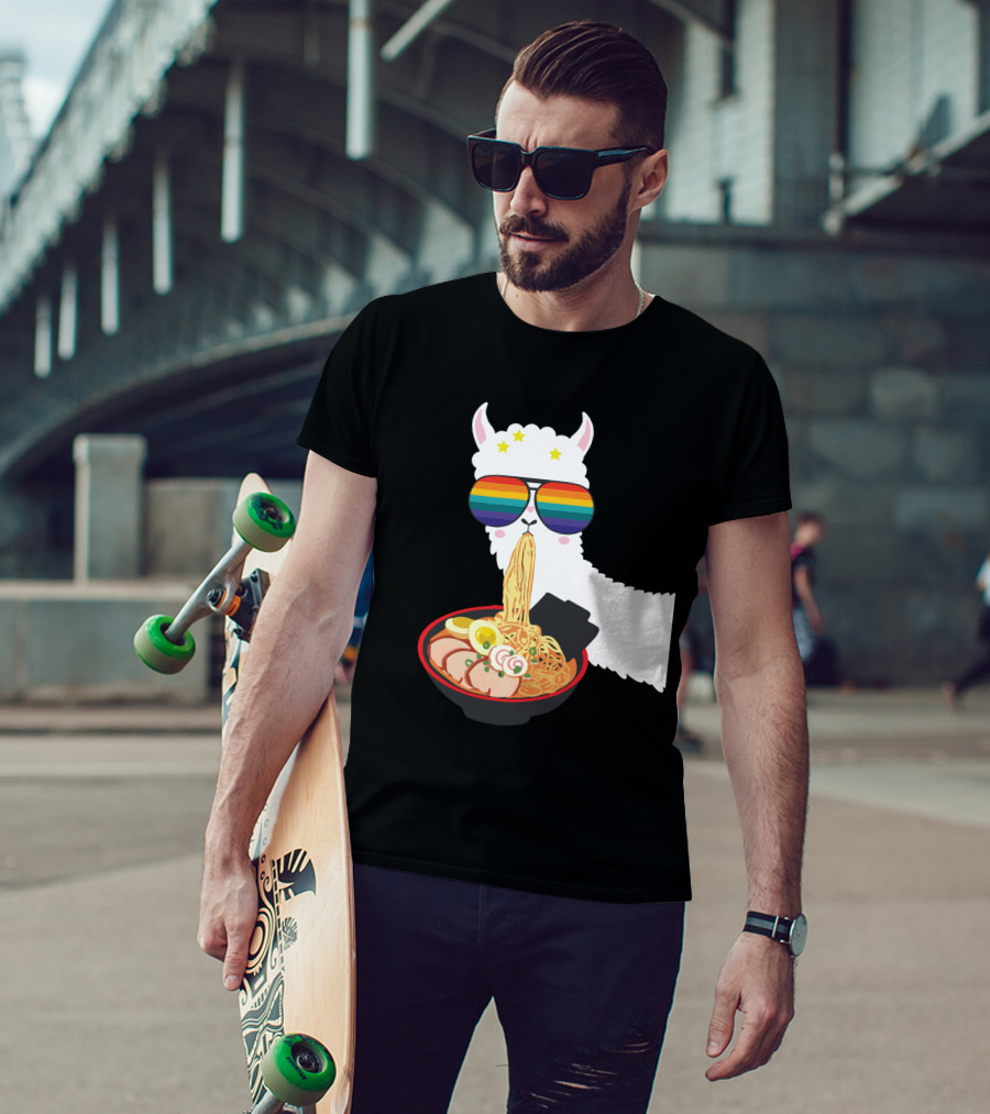 Rainbow Sunglasses LLama Eating Ramen Japanese Anime T-Shirt