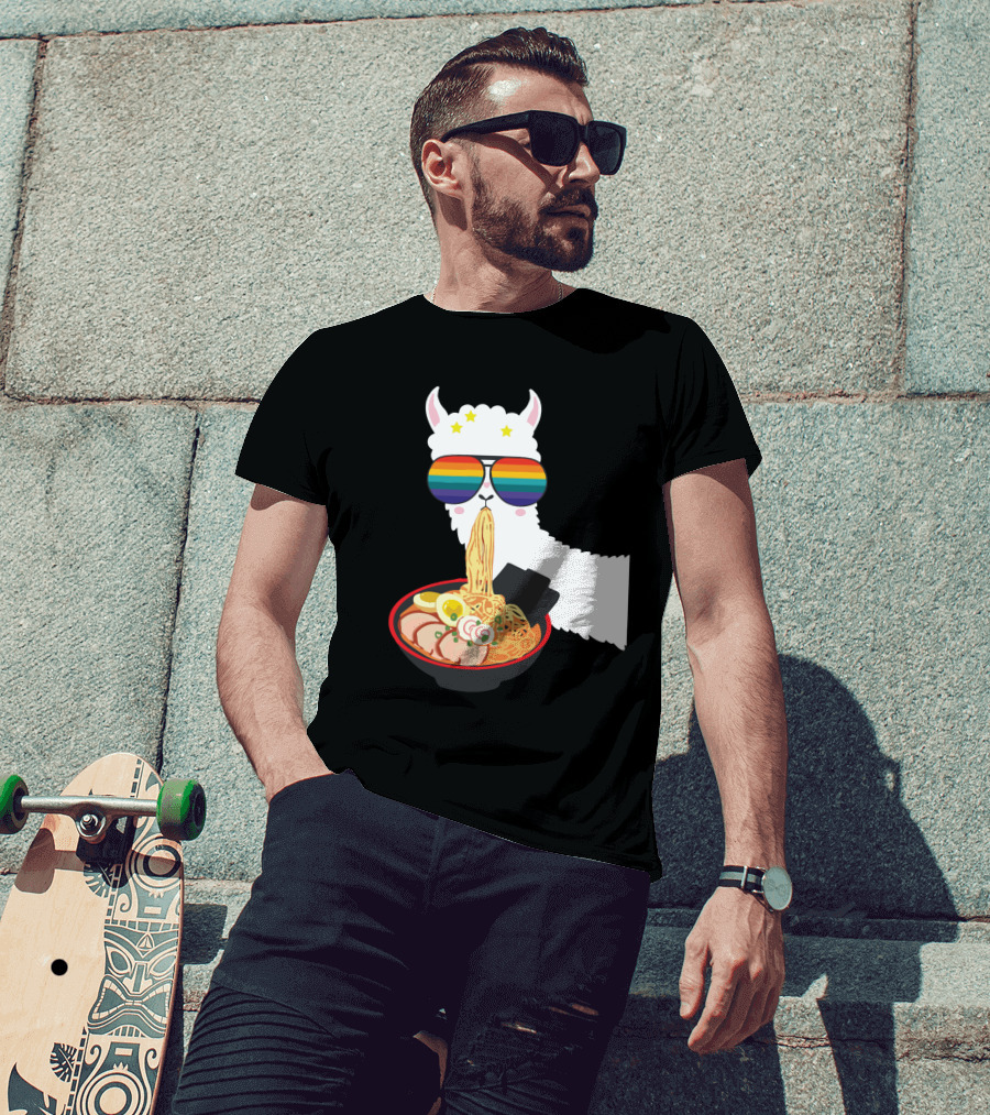 Rainbow Sunglasses LLama Eating Ramen Japanese Anime T-Shirt