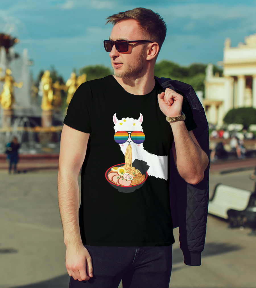 Rainbow Sunglasses LLama Eating Ramen Japanese Anime T-Shirt