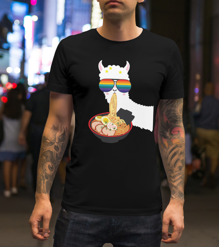 Rainbow Sunglasses LLama Eating Ramen Japanese Anime T-Shirt
