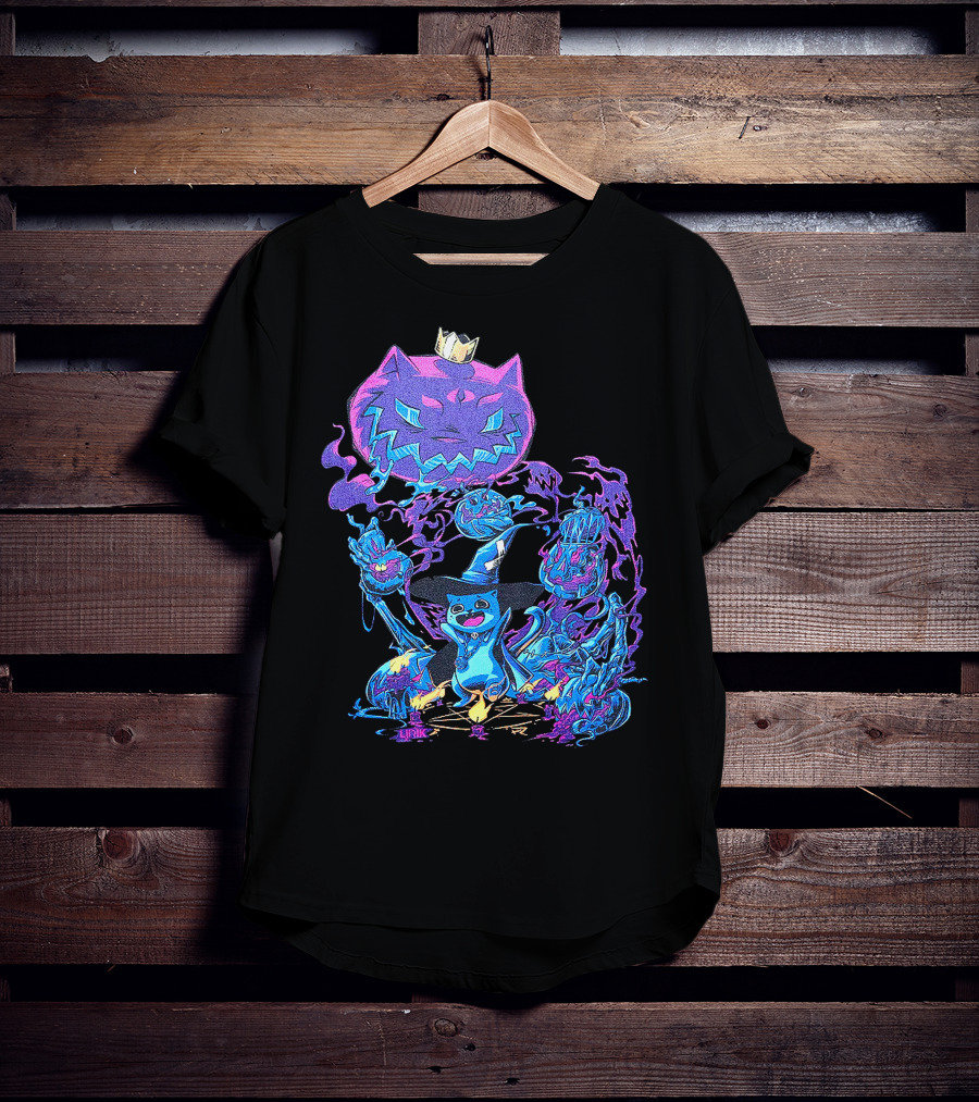 LIRIK HALLOWEEN Cat Wizard With Crown And Glowing Pumpkins T-Shirt