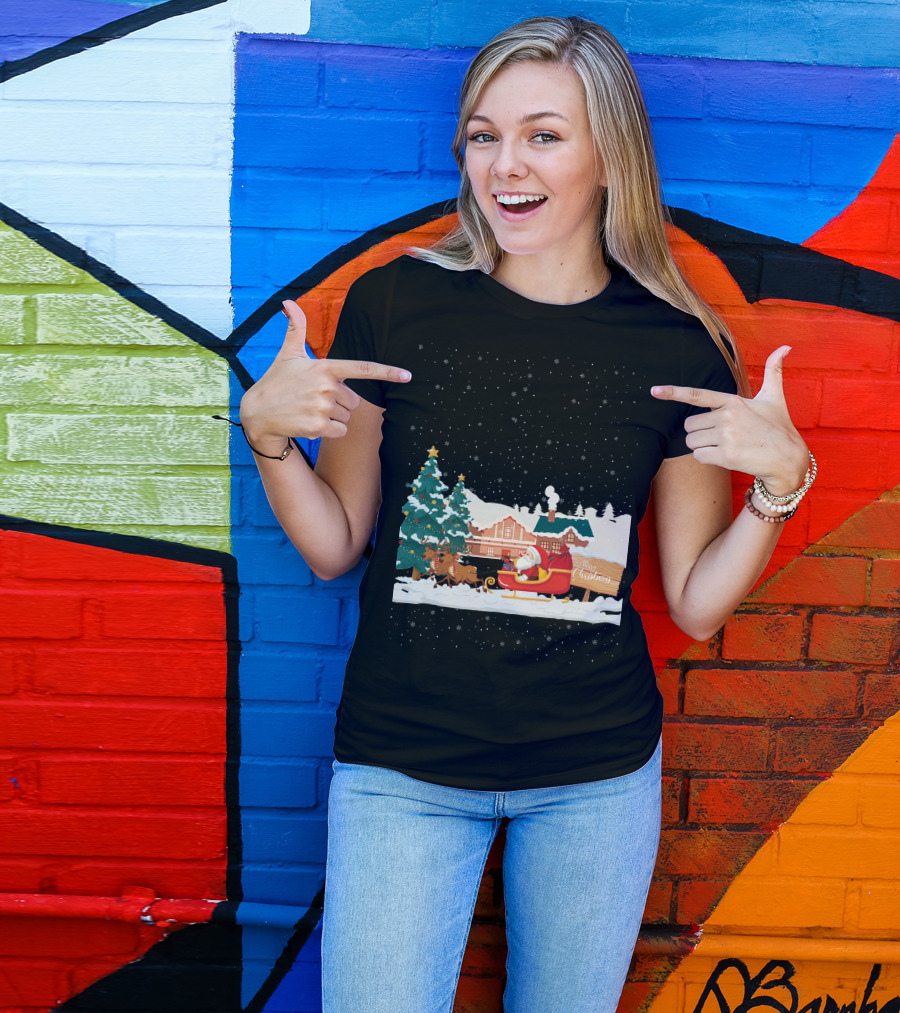 Merry Christmas Santa Claus Reindeer Sleigh Winter Scene T-Shirt