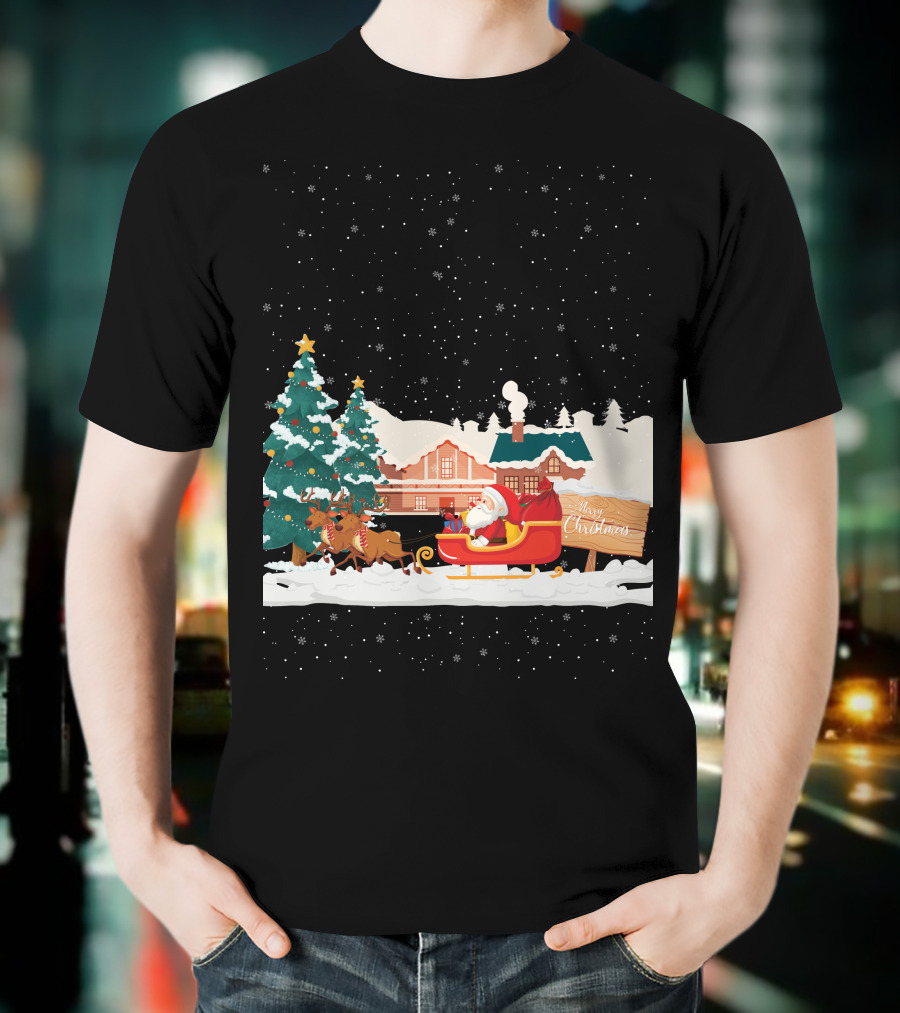 Merry Christmas Santa Claus Reindeer Sleigh Winter Scene T-Shirt