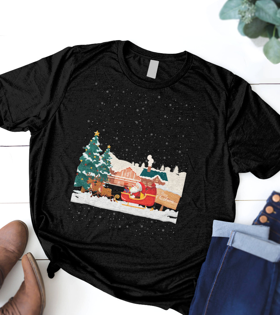 Merry Christmas Santa Claus Reindeer Sleigh Winter Scene T-Shirt