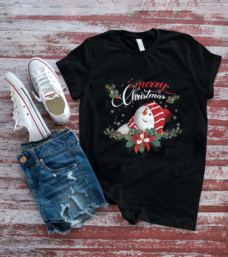 Merry Christmas Snowman With Holly And Snowflakes T-Shirt