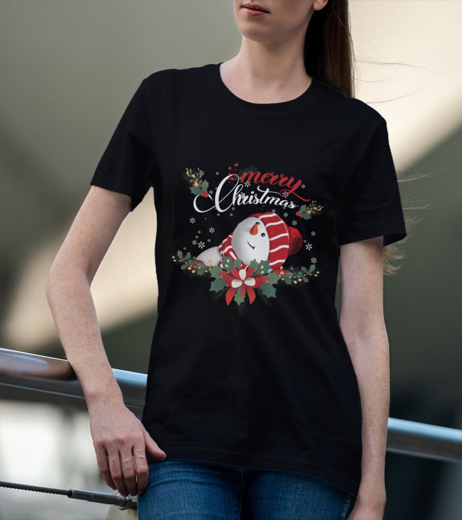 Merry Christmas Snowman With Holly And Snowflakes T-Shirt