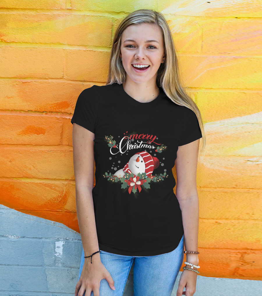 Merry Christmas Snowman With Holly And Snowflakes T-Shirt