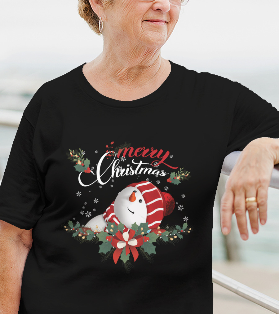 Merry Christmas Snowman With Holly And Snowflakes T-Shirt