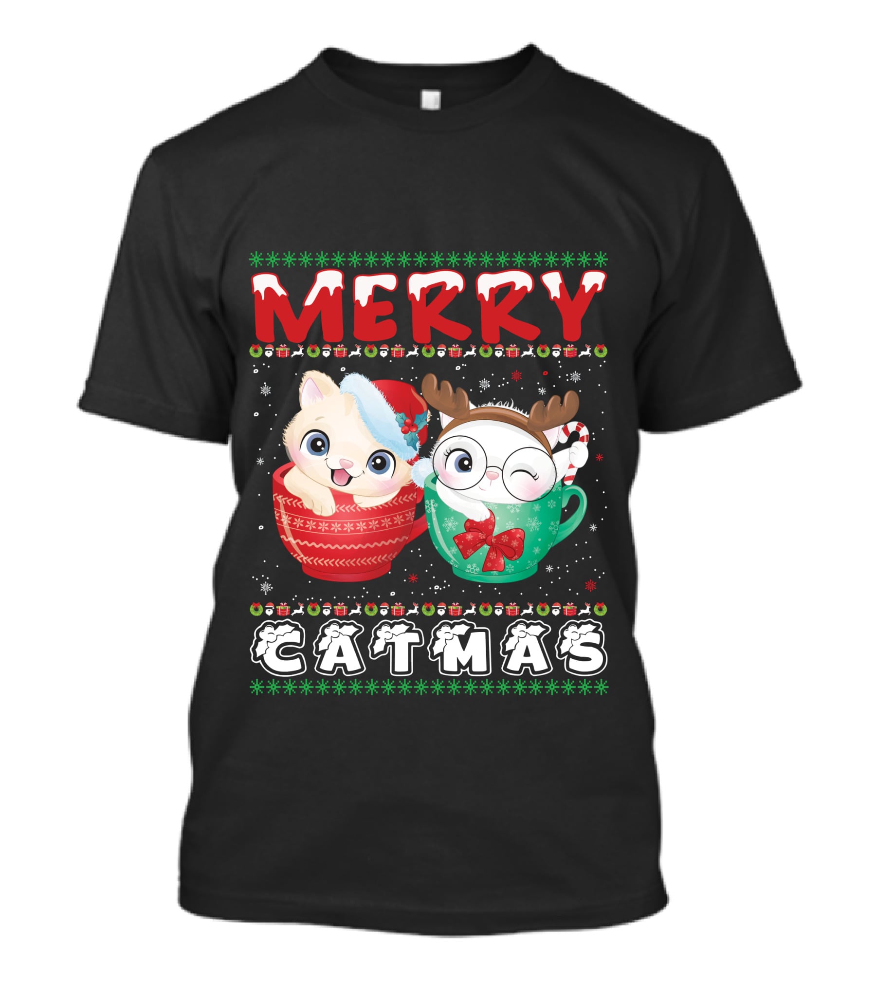 Merry Catmas With Festive Cats In Holiday Mugs T-Shirt