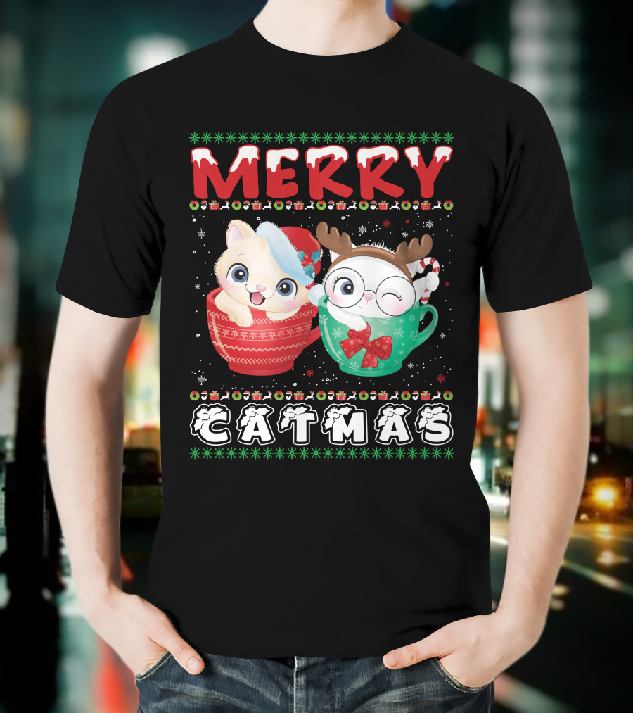 Merry Catmas With Festive Cats In Holiday Mugs T-Shirt