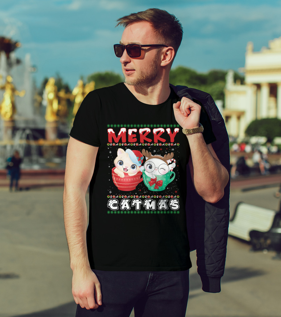 Merry Catmas With Festive Cats In Holiday Mugs T-Shirt