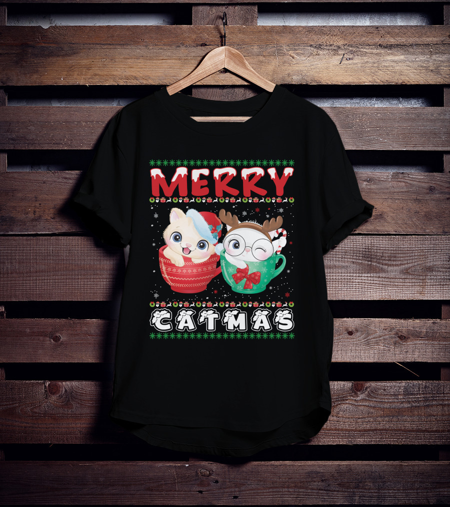 Merry Catmas With Festive Cats In Holiday Mugs T-Shirt