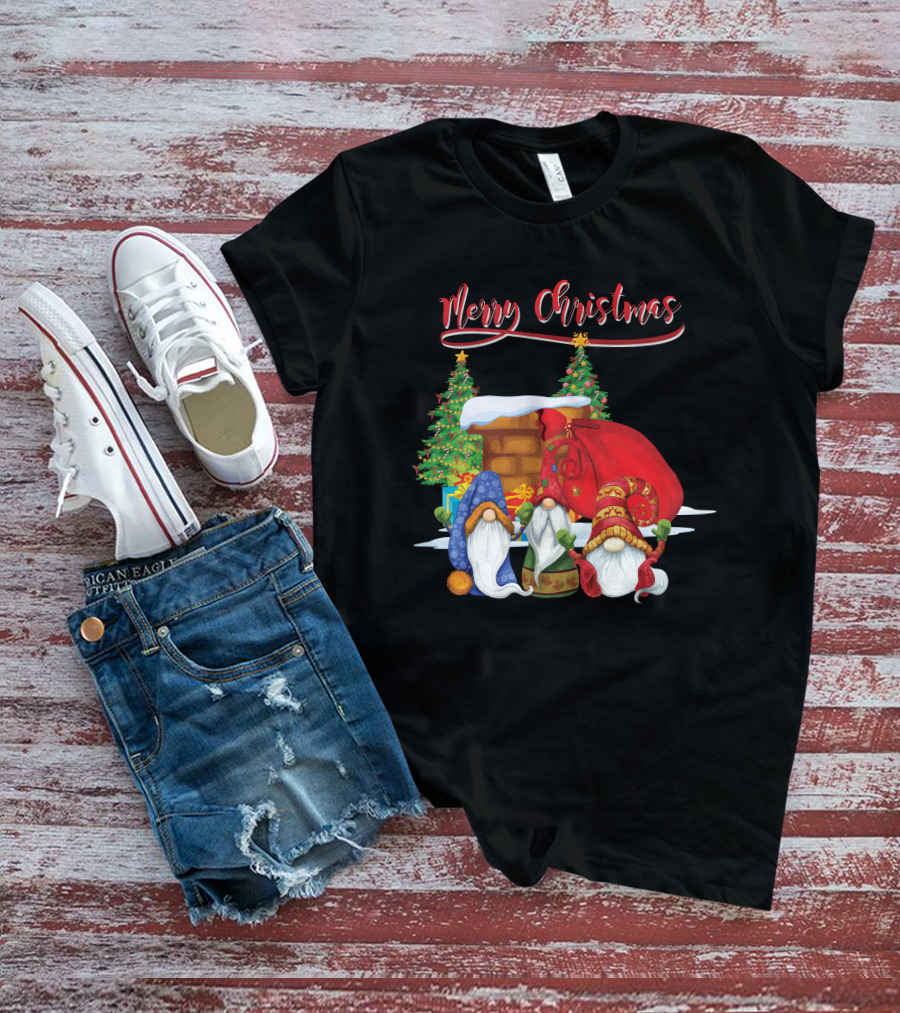 Merry Christmas Funny Gnomes With Santa's Sack And Festive Trees T-Shirt