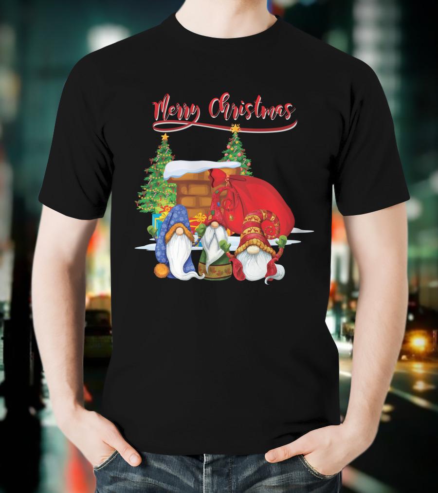 Merry Christmas Funny Gnomes With Santa's Sack And Festive Trees T-Shirt