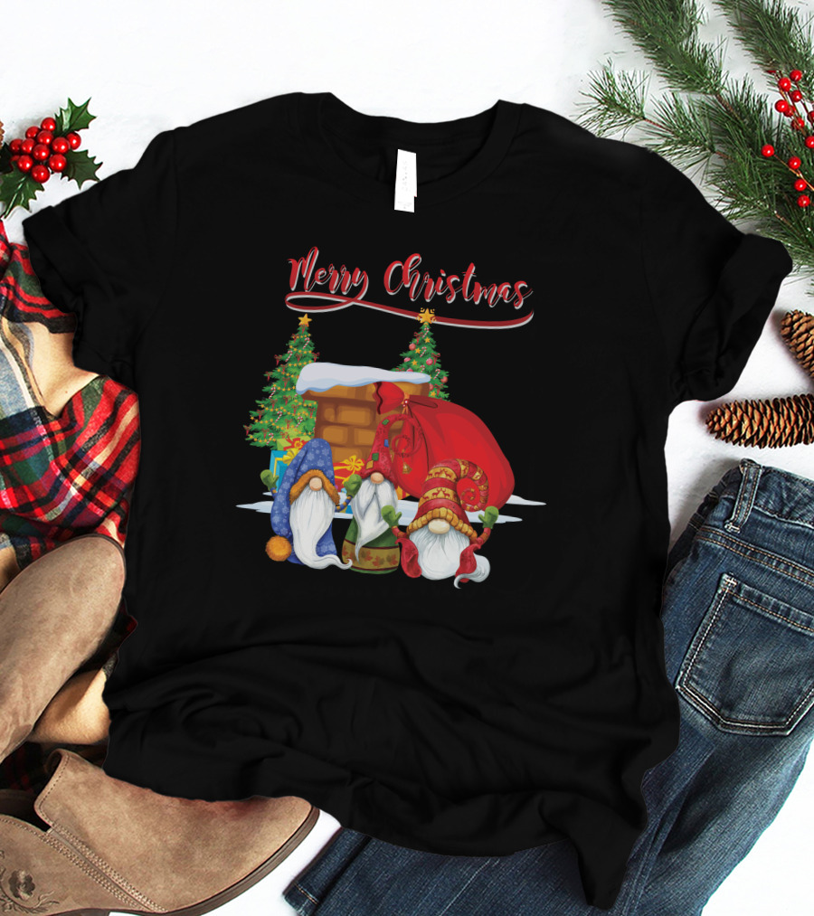 Merry Christmas Funny Gnomes With Santa's Sack And Festive Trees T-Shirt