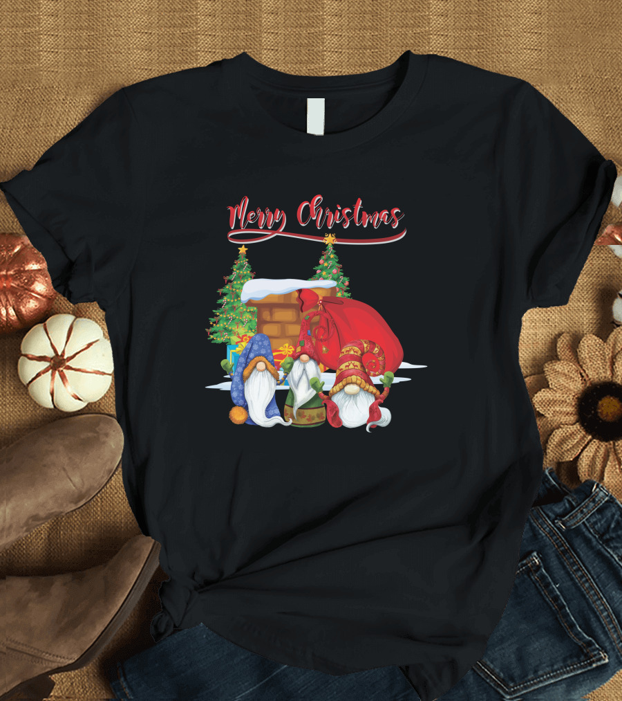 Merry Christmas Funny Gnomes With Santa's Sack And Festive Trees T-Shirt