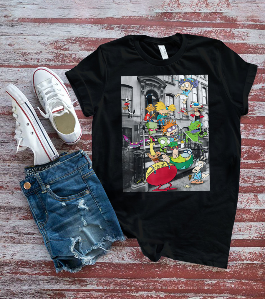 Classic Nicktoons Characters Sitting On Stoop Together In Black-and-White Background Scene T-Shirt