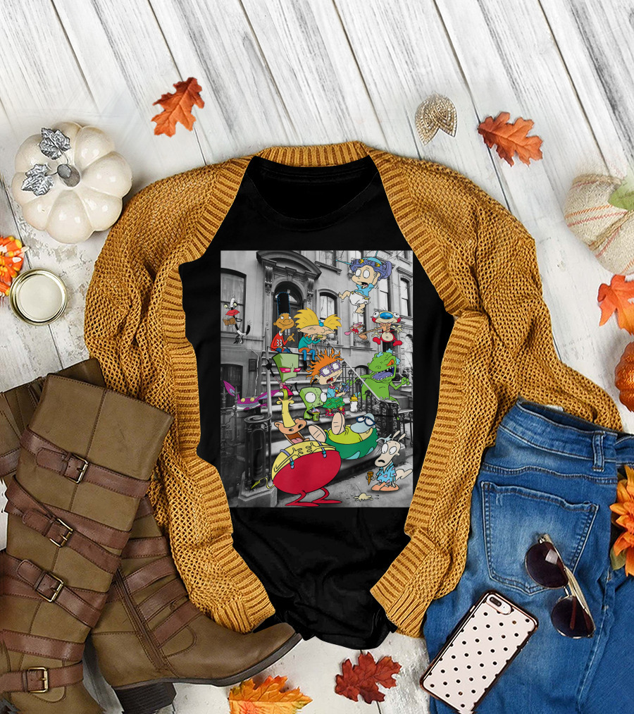 Classic Nicktoons Characters Sitting On Stoop Together In Black-and-White Background Scene T-Shirt