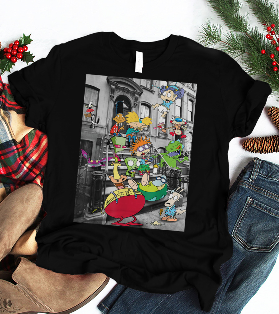 Classic Nicktoons Characters Sitting On Stoop Together In Black-and-White Background Scene T-Shirt