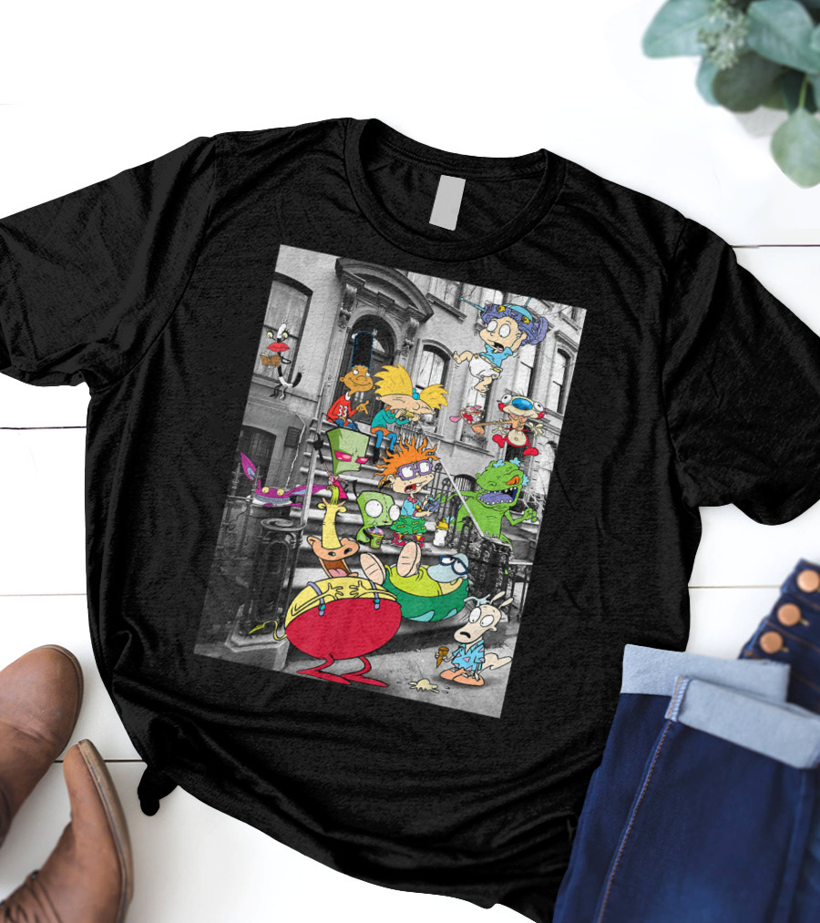 Classic Nicktoons Characters Sitting On Stoop Together In Black-and-White Background Scene T-Shirt